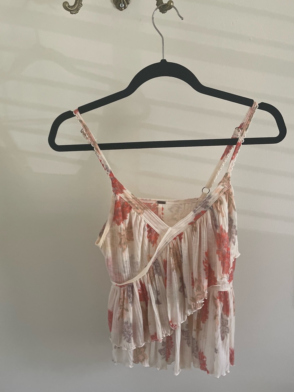 Free People Floral Ruffled Spaghetti Strap Cami - Cream & Coral